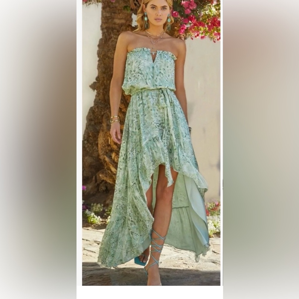 Ramy Brook Strapless Mint Green Floral High-Low Dress
